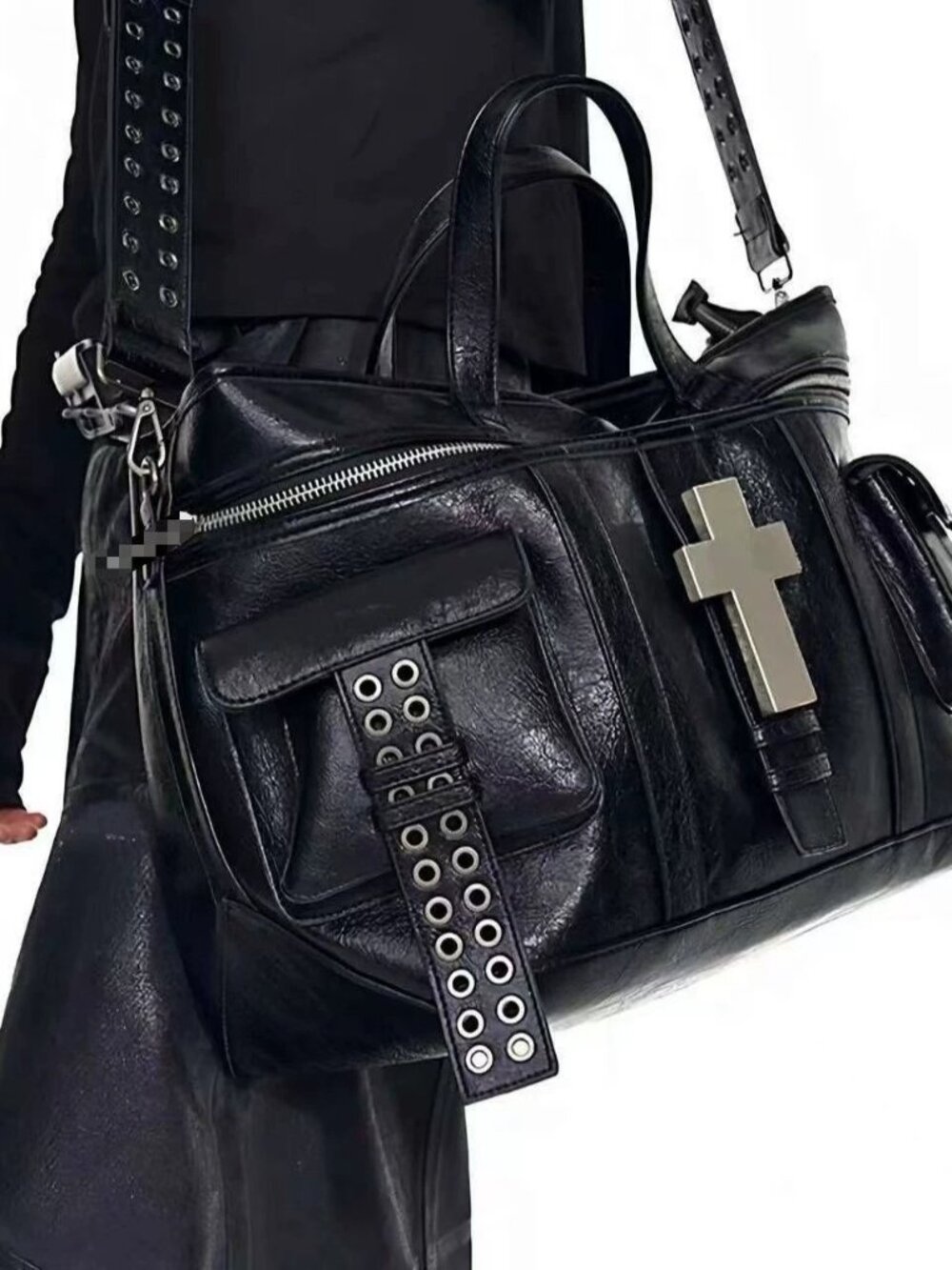 Gothic Cross Black Distressed Leather Duffle Bag | Punk Rock Travel Bag